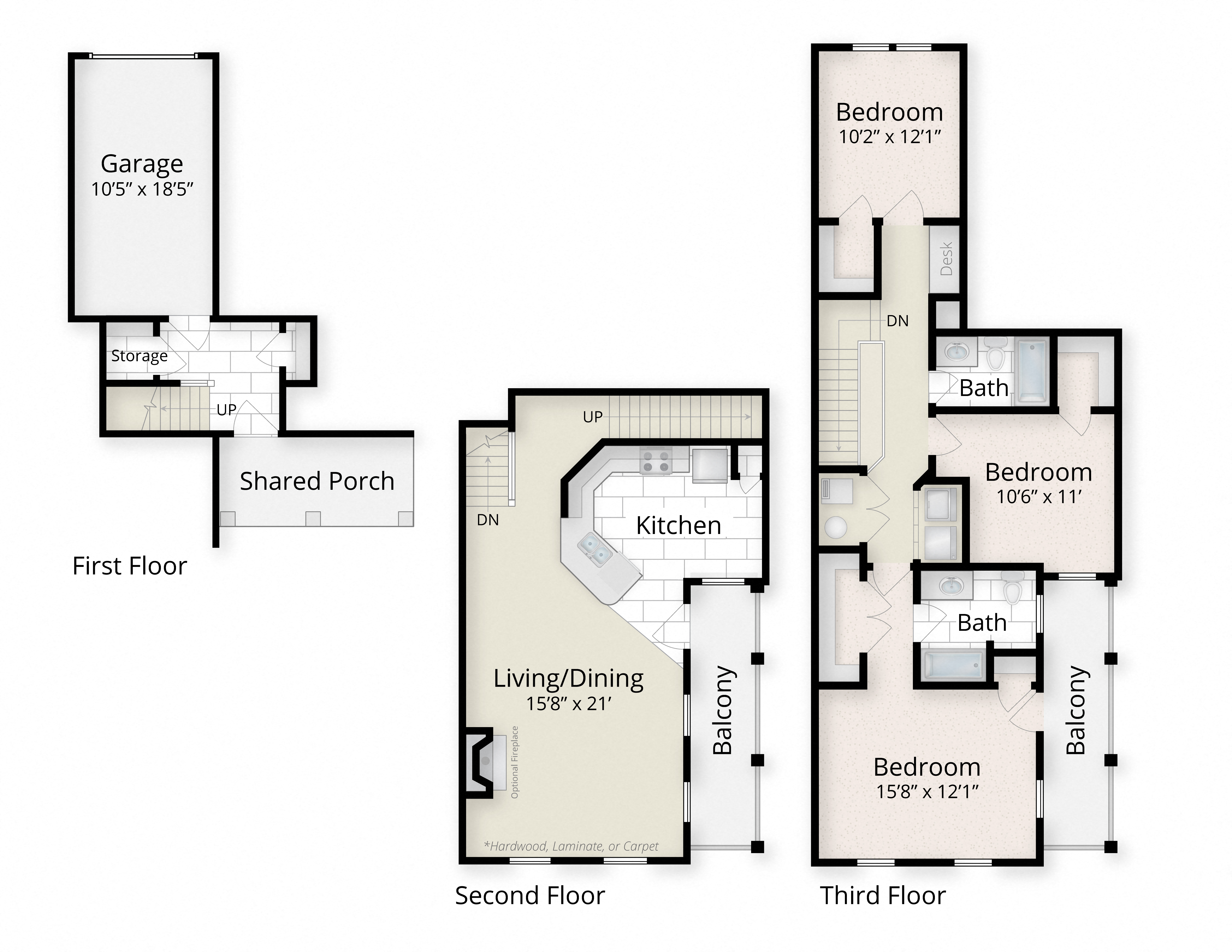 Floor plan for 3 beds, 2 baths, 1633 sqft